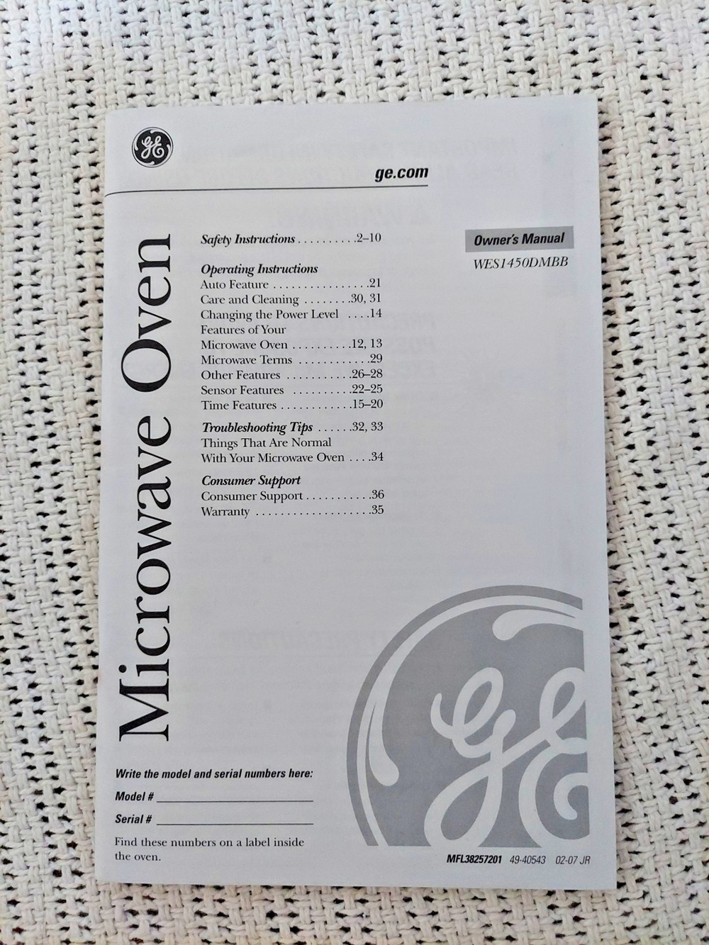 GE Owners Manual WES1450DMBB